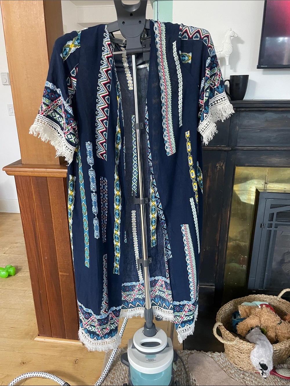 Boho Navy Fringe Kimono Cardigan - Navy Print